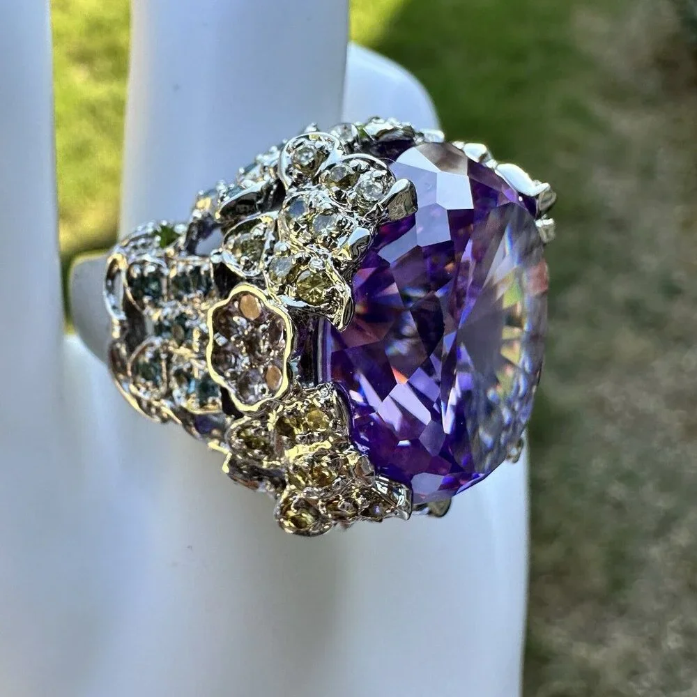 Statement Ring Size 9.75‎ Purple Blue Tanzanite Cluster Gems 925 Sterling 28.3g